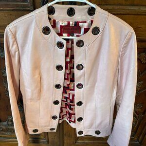 Nicola Berti Genuine Italian Leather Jacket Pink Moto Style with Grommets, Small